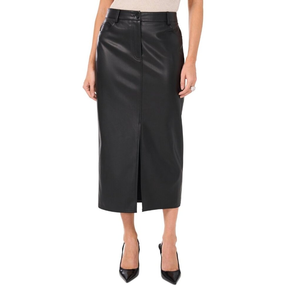 Vince Camuto Women's Faux-Leather Front-Slit Midi Skirt Black Size 14 MSRP $99